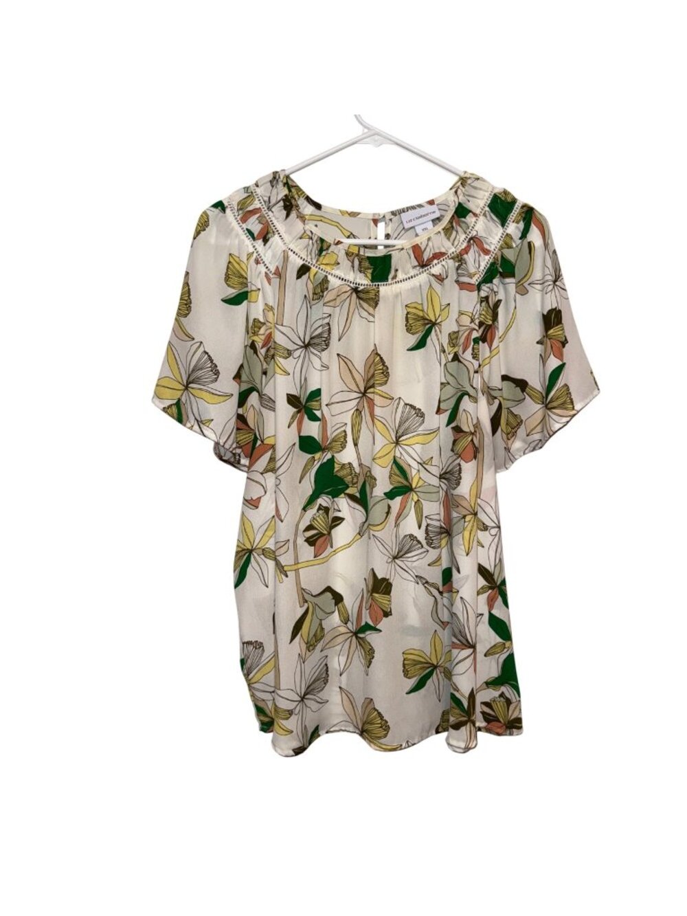 Liz Claiborne White Floral Print Top XXL Short Sleeve Lightweight Blouse Made In